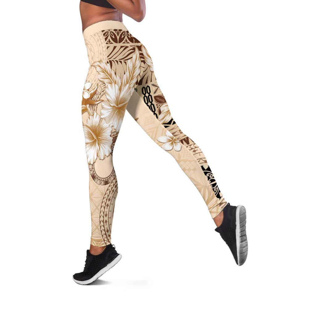 Samoa Siapo Pattern With Beige Hibiscus Leggings - Polynesian Pride