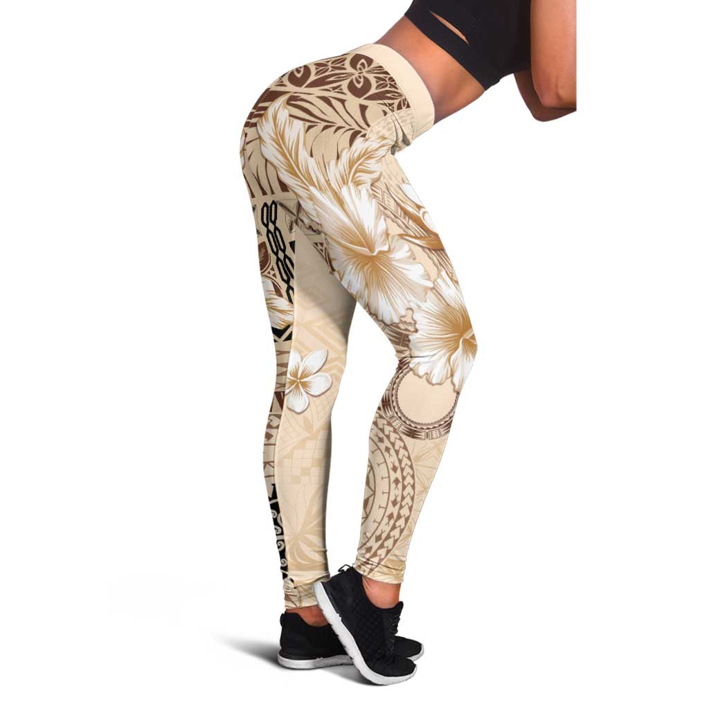 Samoa Siapo Pattern With Beige Hibiscus Leggings - Polynesian Pride