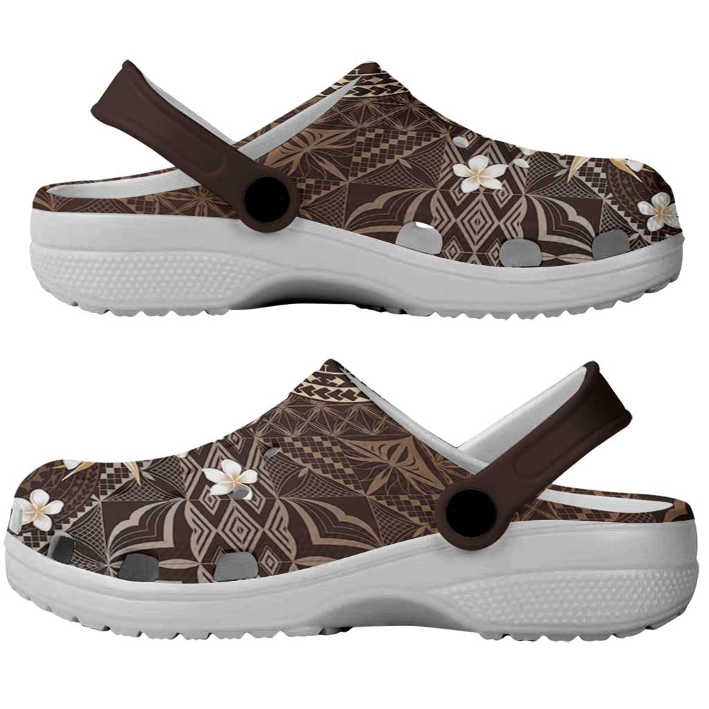 Samoa Siapo Pattern With Brown Hibiscus Clogs Shoes - Polynesian Pride
