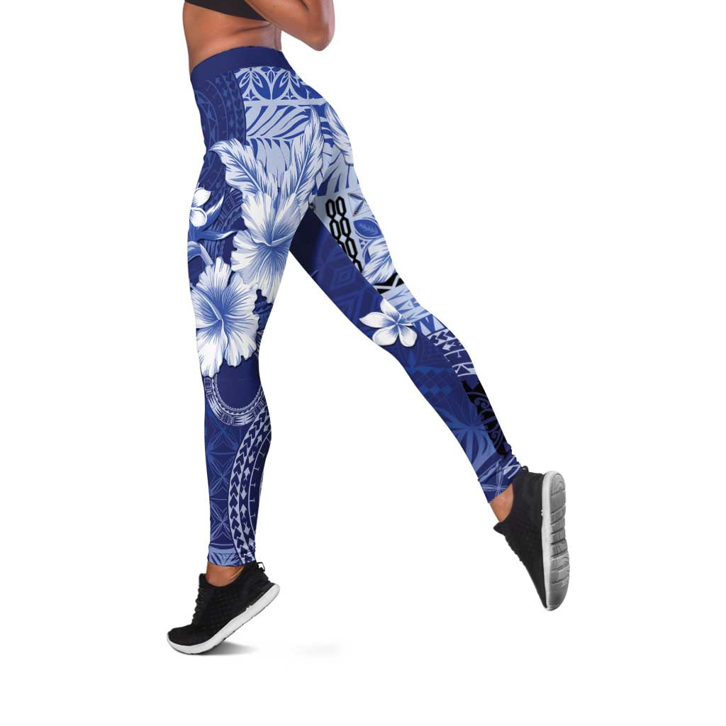 Samoa Siapo Pattern With Navy Hibiscus Leggings - Polynesian Pride