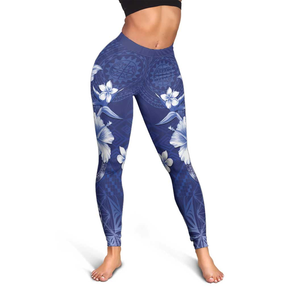 Samoa Siapo Pattern With Navy Hibiscus Leggings - Polynesian Pride