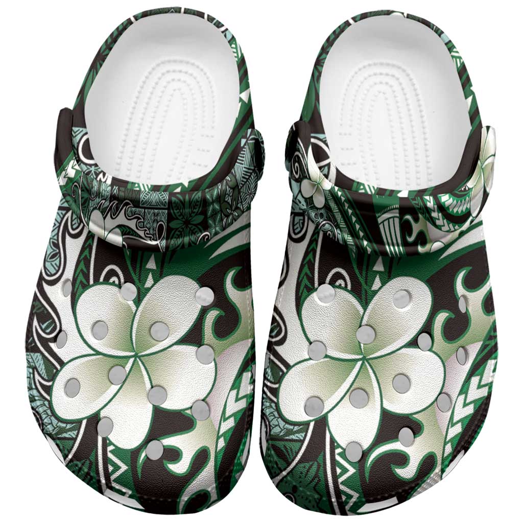 Samoa Siapo Tribal Pattern Clogs Shoes Forest Green Polynesian Plumeria Tapa Motif