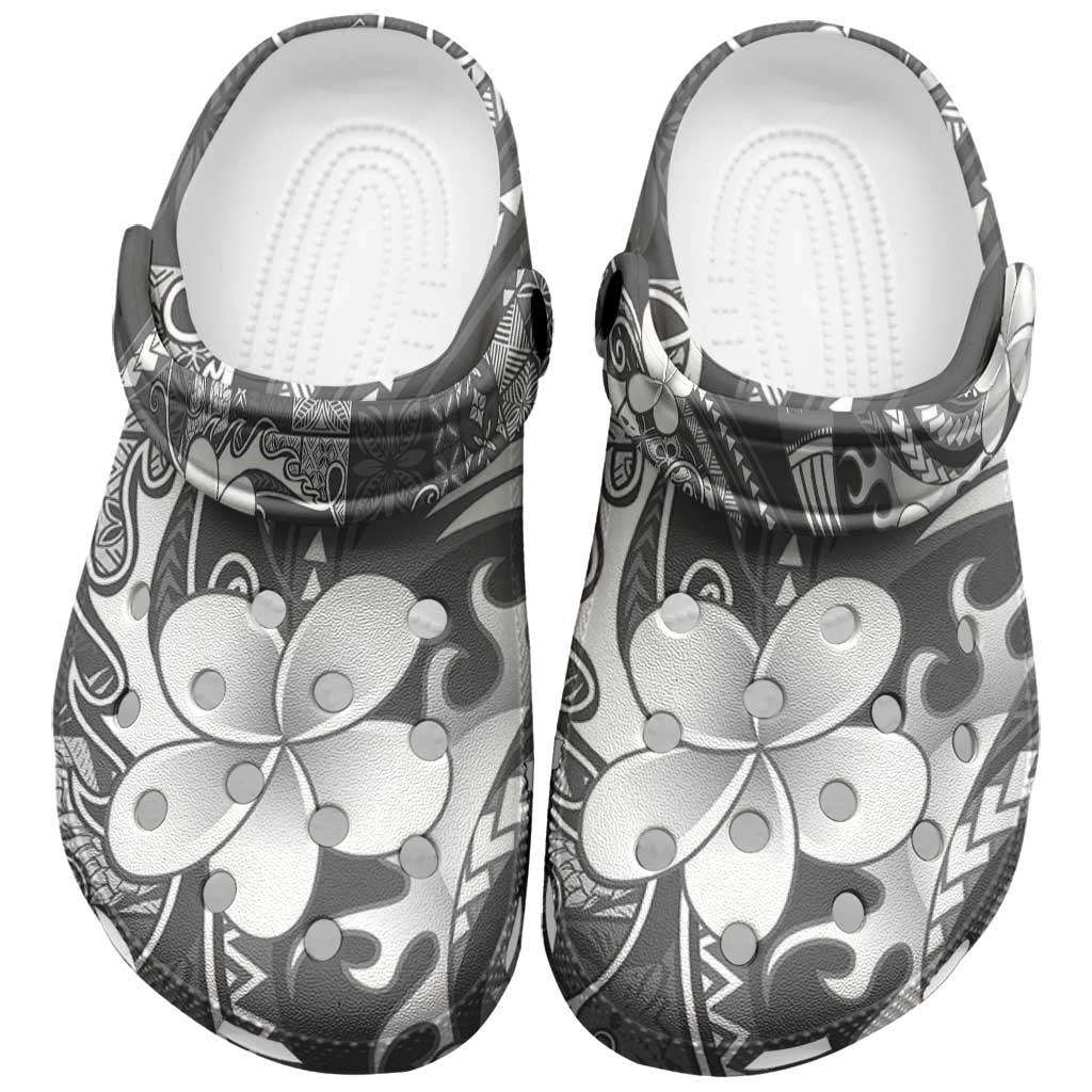 Samoa Siapo Tribal Pattern Clogs Shoes Light Gray Polynesian Plumeria Tapa Motif