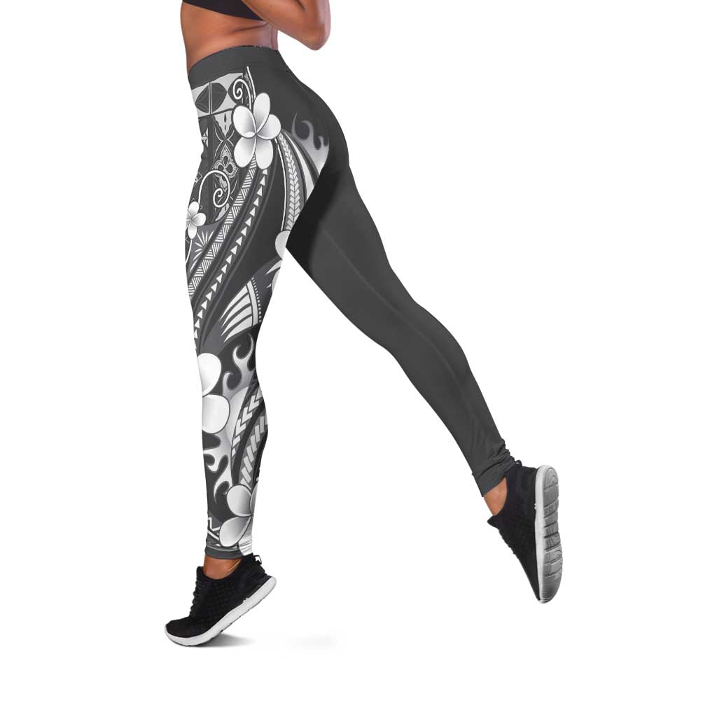 Samoa Siapo Tribal Pattern Leggings Light Gray Polynesian Plumeria Tapa Motif