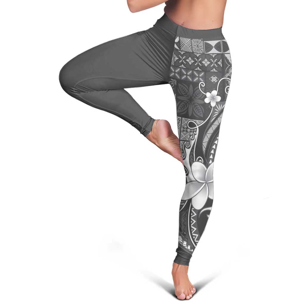 Samoa Siapo Tribal Pattern Leggings Light Gray Polynesian Plumeria Tapa Motif