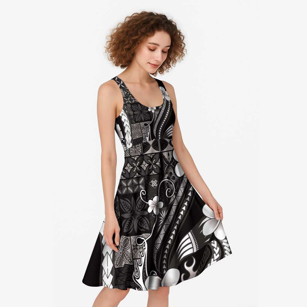 Samoa Siapo Tribal Pattern Midi Dress Black Polynesian Plumeria Tapa Motif