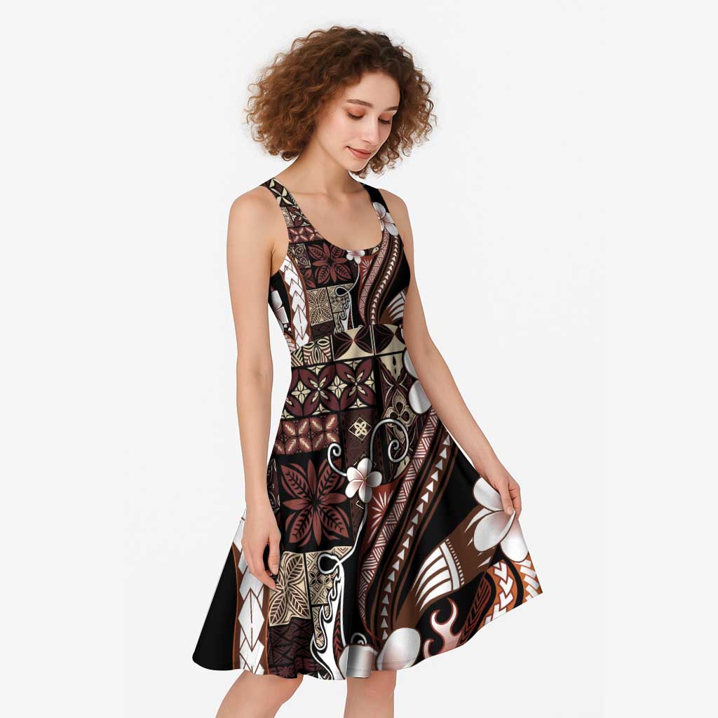 Samoa Siapo Tribal Pattern Midi Dress Brown Polynesian Plumeria Tapa Motif