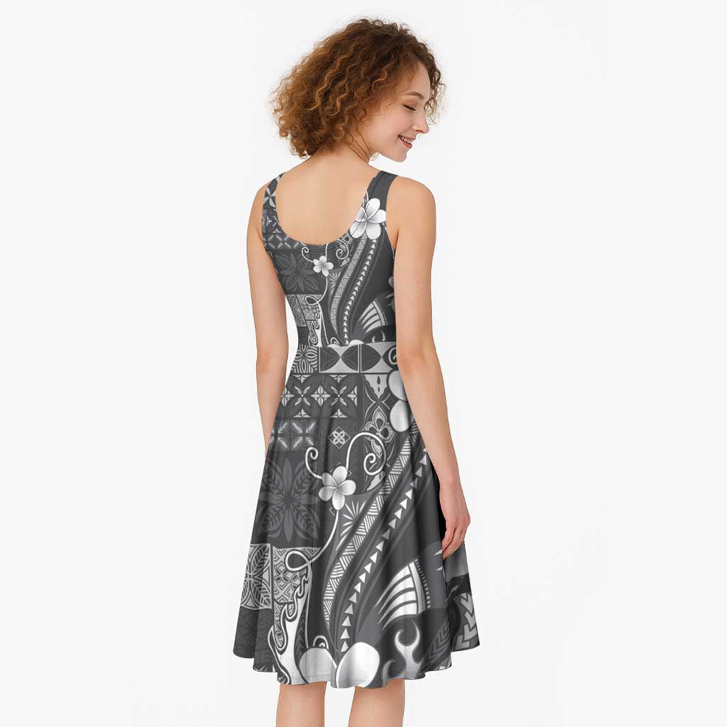 Samoa Siapo Tribal Pattern Midi Dress Light Gray Polynesian Plumeria Tapa Motif