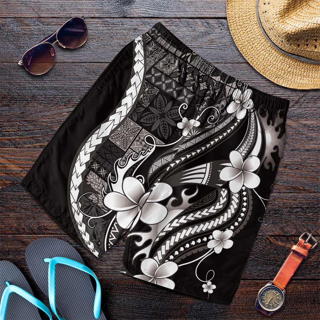 Samoa Siapo Tribal Pattern Shorts for Men Black Polynesian Plumeria Tapa Motif