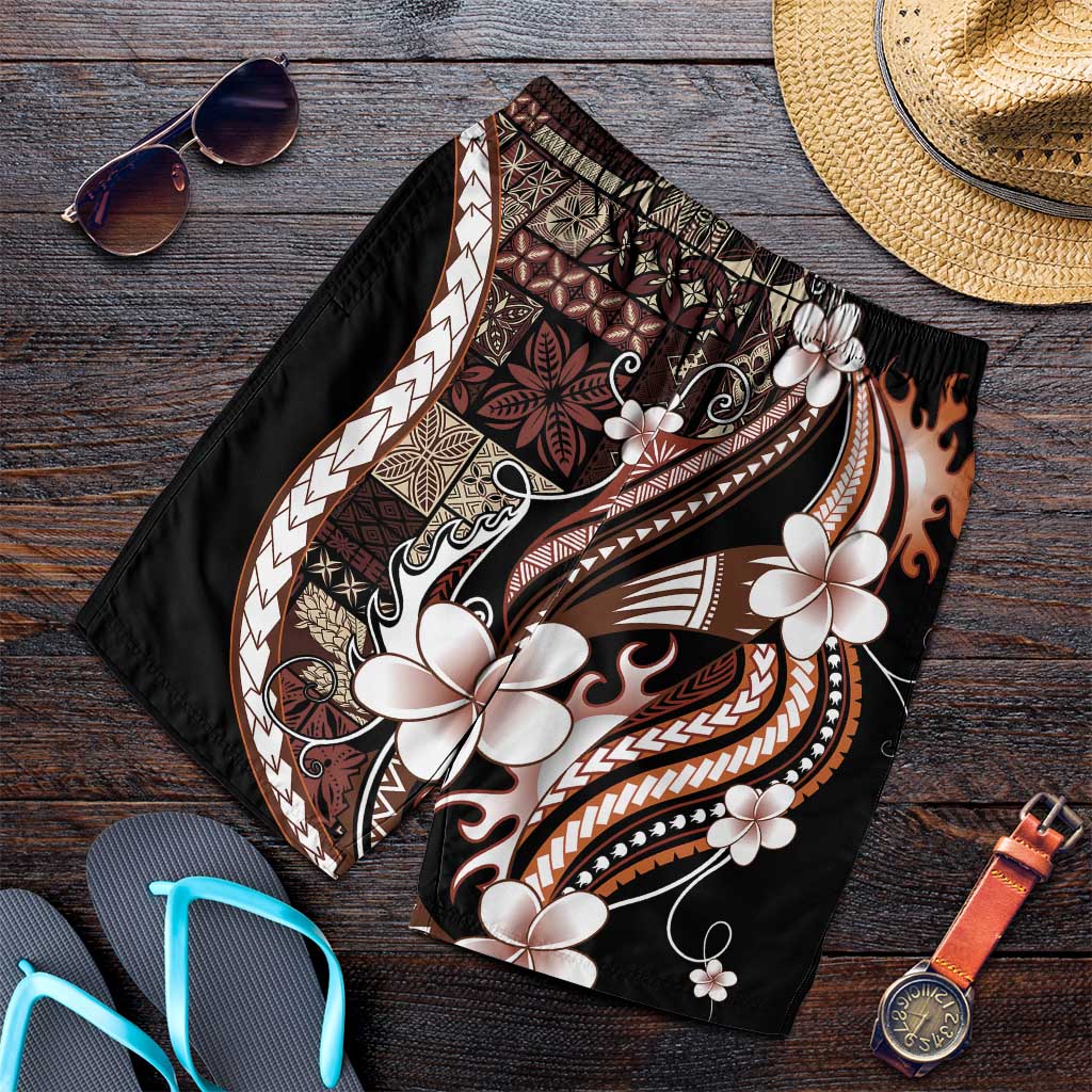 Samoa Siapo Tribal Pattern Shorts for Men Brown Polynesian Plumeria Tapa Motif