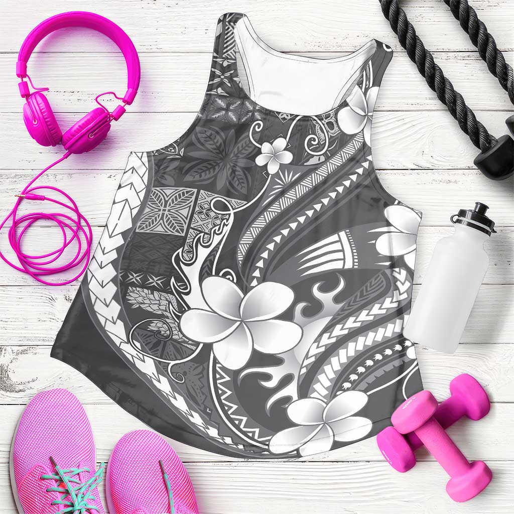 Samoa Siapo Tribal Pattern Women Racerback Tank Light Gray Polynesian Plumeria Tapa Motif