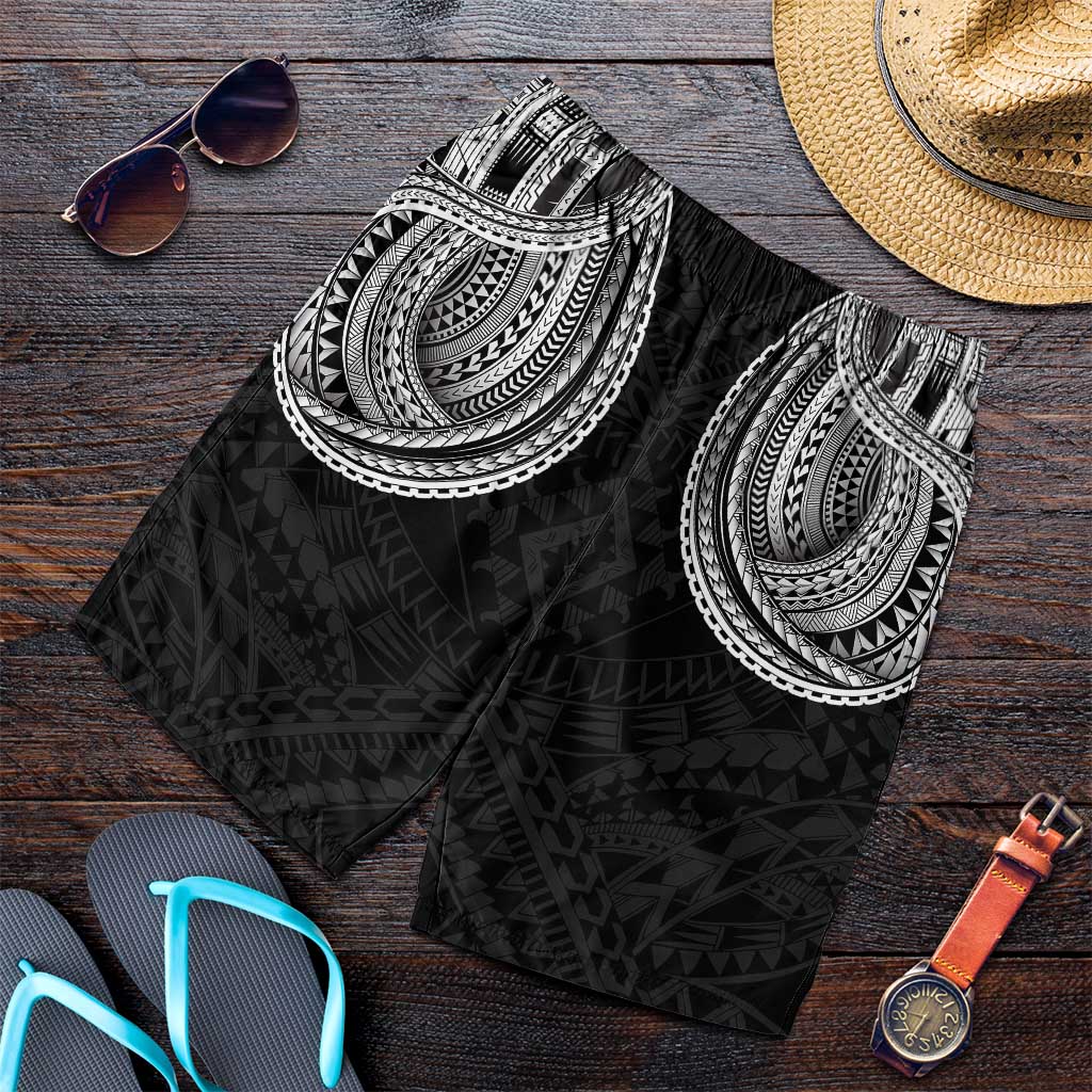 Samoan Traditional Art Tattoos Shorts for Men Tatau Tribal Motifs with Ula Fala Black - Polynesian Pride