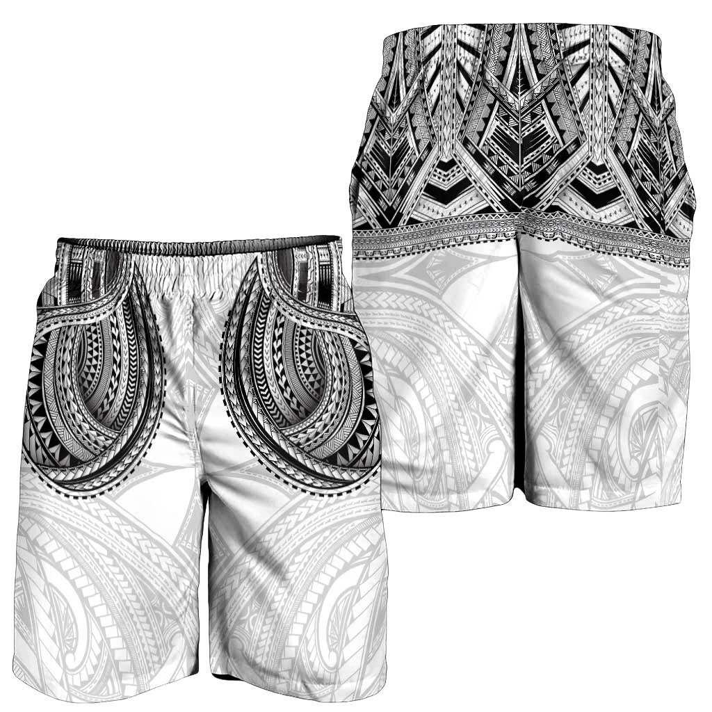 Samoan Traditional Art Tattoos Shorts for Men Tatau Tribal Motifs with Ula Nifo White - Polynesian Pride