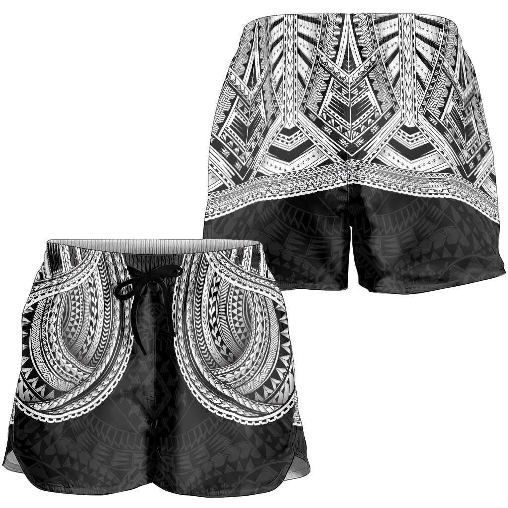 Samoan Traditional Art Tattoos Shorts for Women Tatau Tribal Motifs with Ula Fala Black - Polynesian Pride