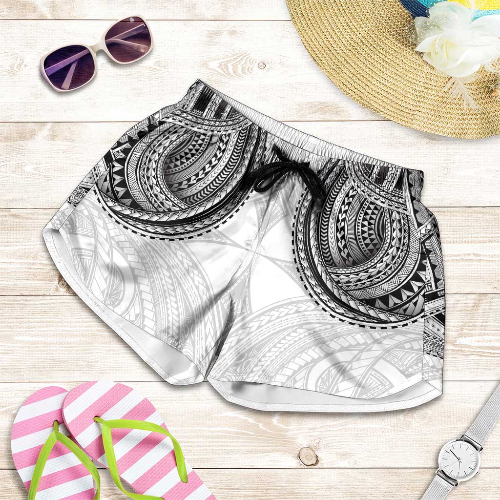 Samoan Traditional Art Tattoos Shorts for Women Tatau Tribal Motifs with Ula Nifo White - Polynesian Pride