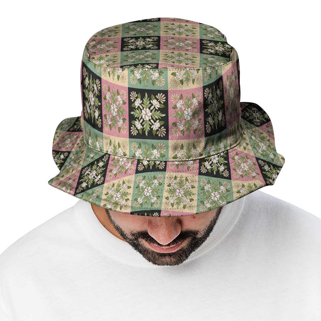 Seamless Pattern Maile and Pikake Lei Bucket Hat Squares Maile Leaf - Polynesian Pride