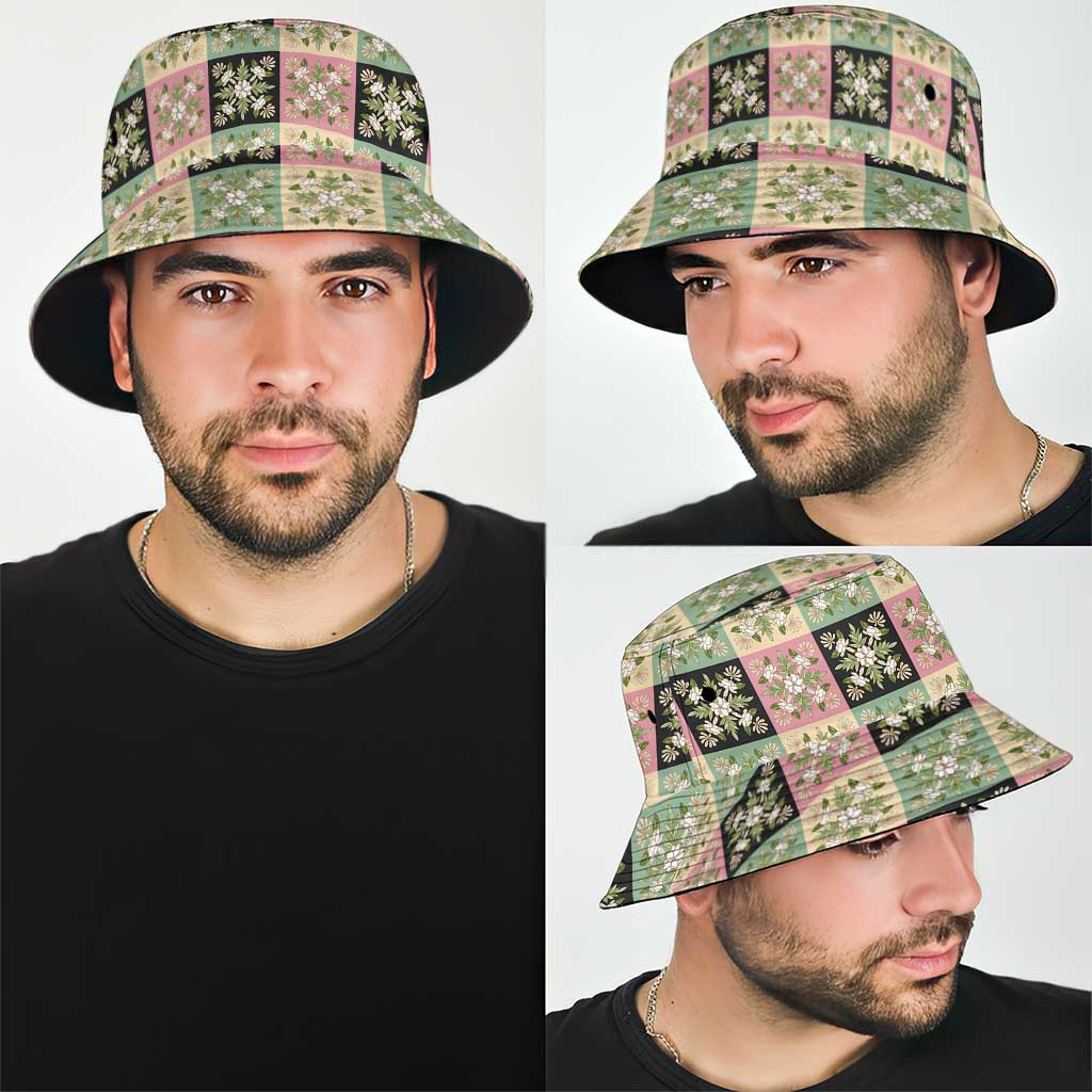 Seamless Pattern Maile and Pikake Lei Bucket Hat Squares Maile Leaf - Polynesian Pride