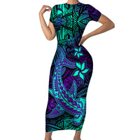 Purple Polynesian Family Matching Short Sleeve Bodycon Dress and Hawaiian Shirt Tribal Hammerhead Shark LT14 Mom's Dress Purple - Polynesian Pride