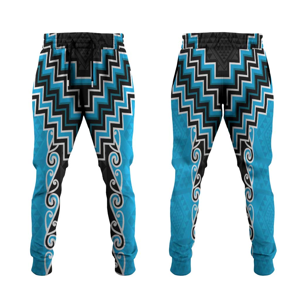 Sky Blue Niho Taniwha Mix Poutama Jogger Pants Unique Taniko Aotearoa - Polynesian Pride
