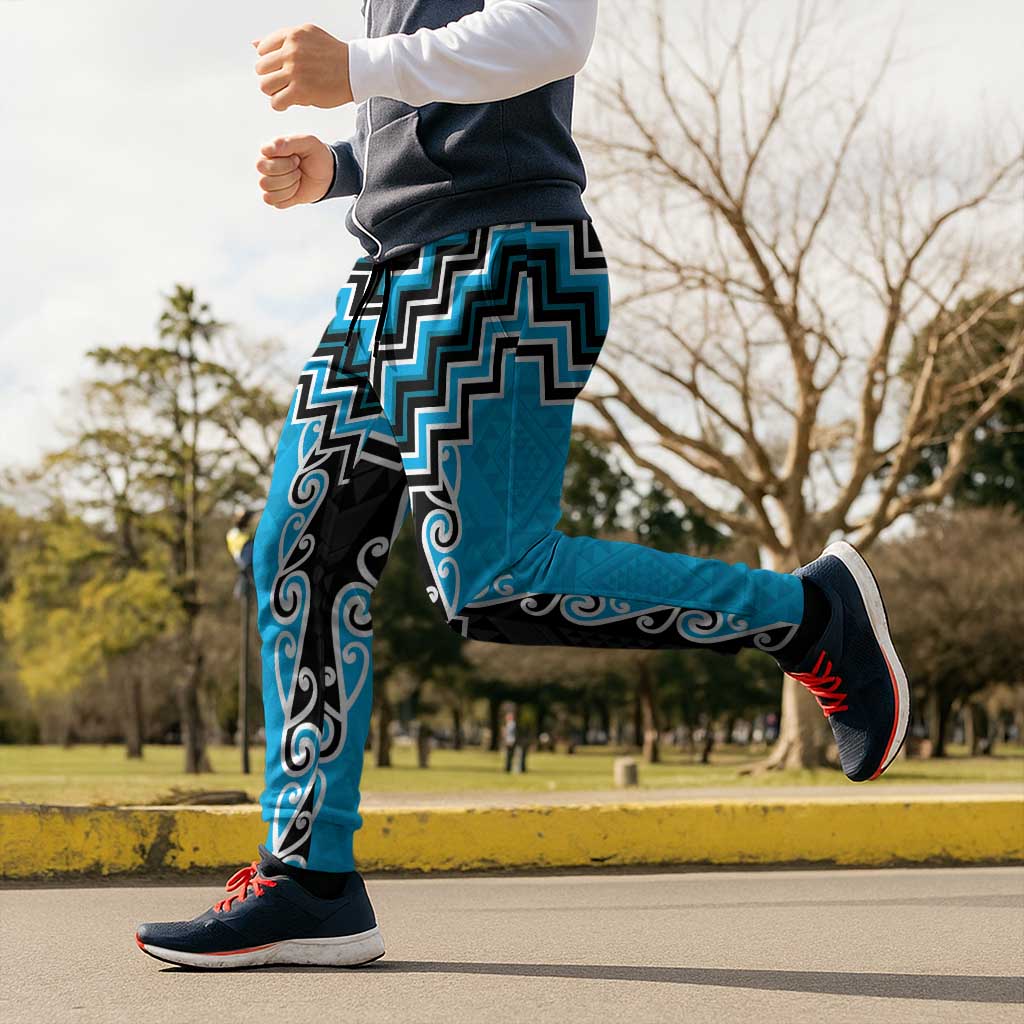 Sky Blue Niho Taniwha Mix Poutama Jogger Pants Unique Taniko Aotearoa LT01 - Polynesian Pride