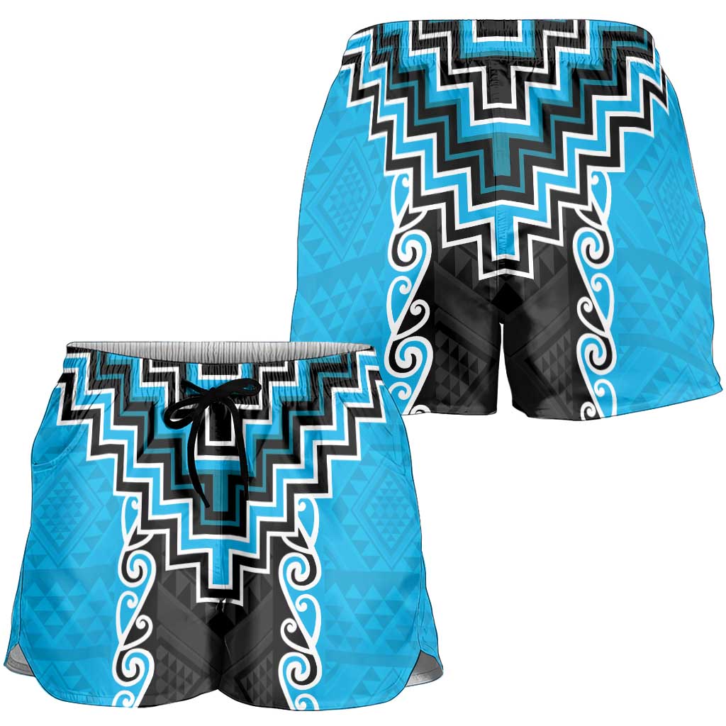 Sky Blue Niho Taniwha Mix Poutama Shorts for Women Unique Taniko Aotearoa LT01 - Polynesian Pride