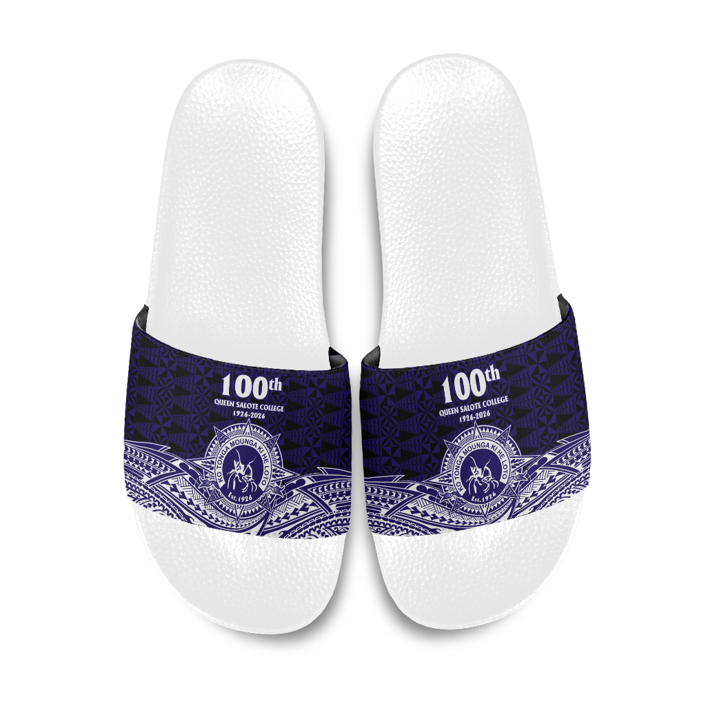 Tonga Queen Salote College 100th Years Slide Sandals Blue Tonga Kupesi Uniquely Pacific Art LT9