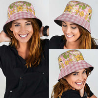 Squares Puakenikeni and Kalo Bucket Hat Pink Palaka Hawaiian Quilt Pattern - Polynesian Pride