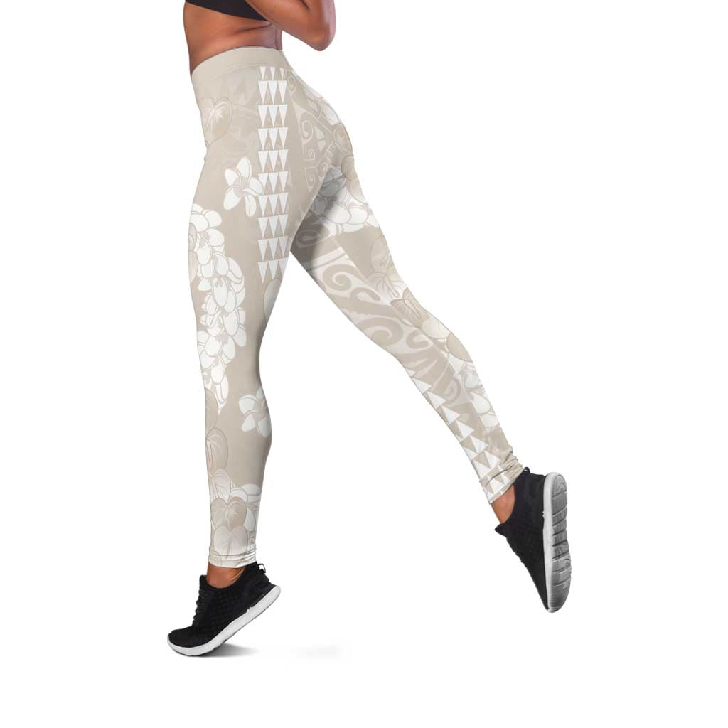 Suede Beige Hawaii Anthurium Plumeria Lei Leggings LT9 Beige - Polynesian Pride