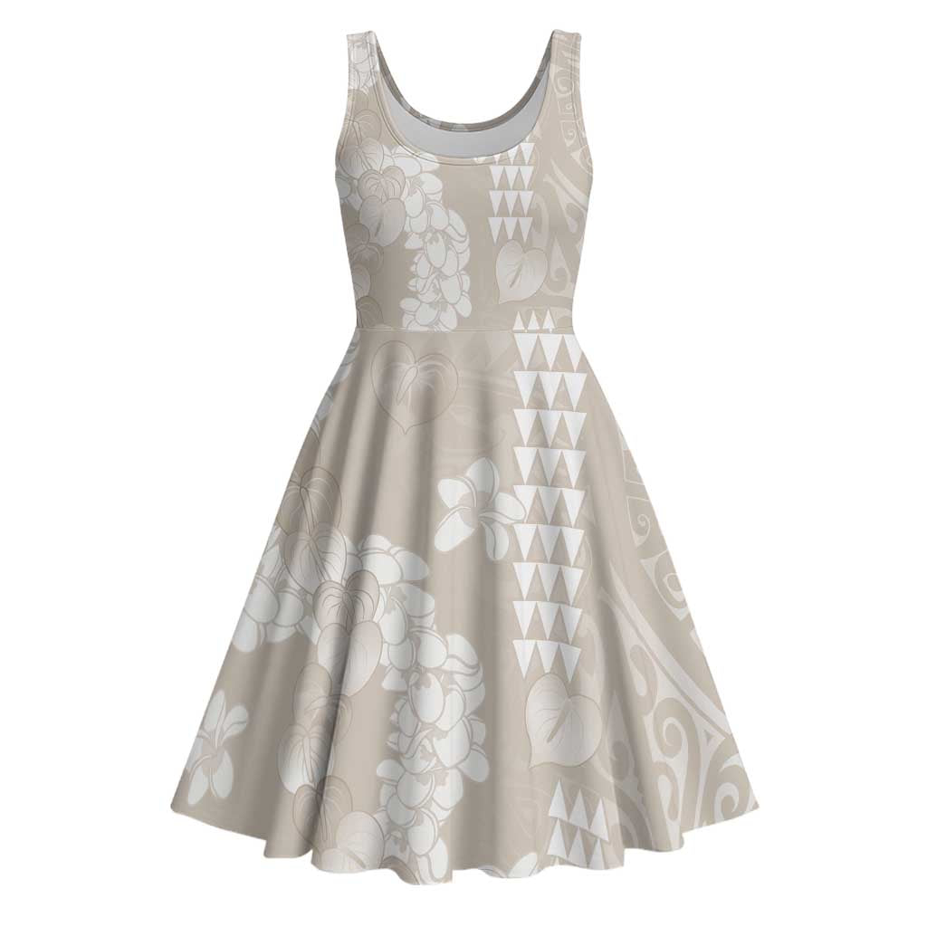 Suede Beige Hawaii Anthurium Plumeria Lei Midi Dress LT9 Beige - Polynesian Pride