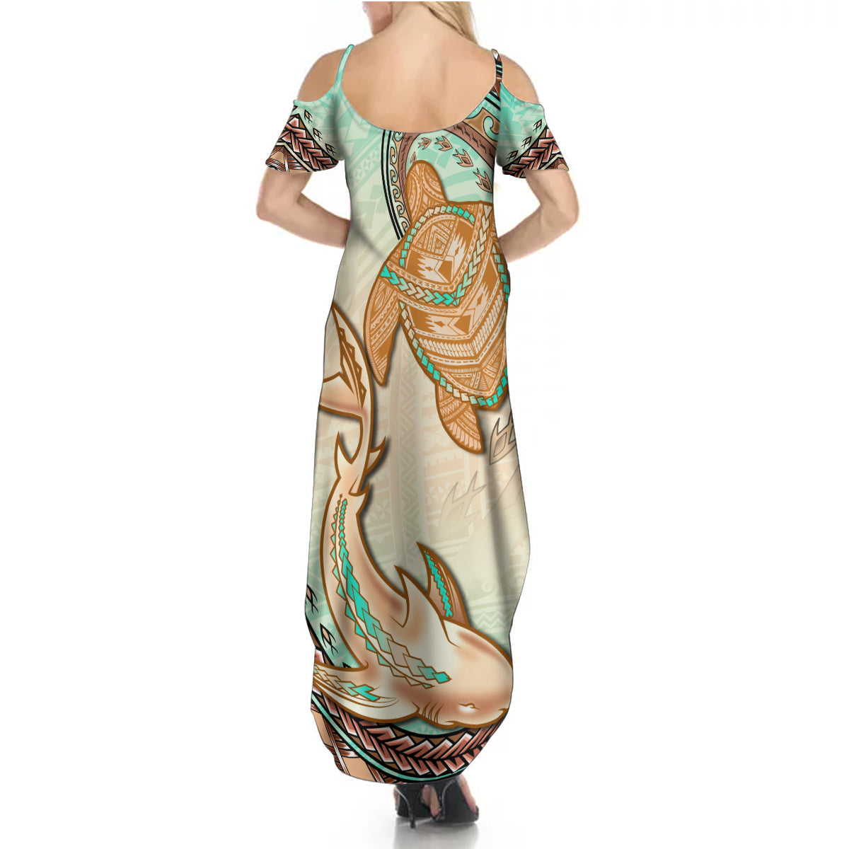 Hawaii Summer Maxi Dress Polynesian Shark and Sea Turtle Dreamy Turquoise Artsy LT14 - Polynesian Pride