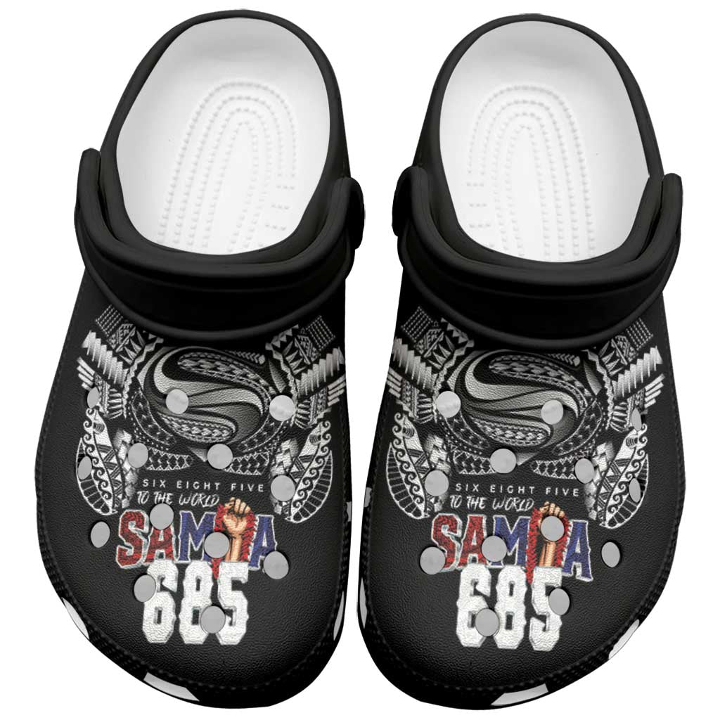 Super Samoa-Six Eight Five to The World Clogs Shoes Traditional Samoan Tattoo Black Color
