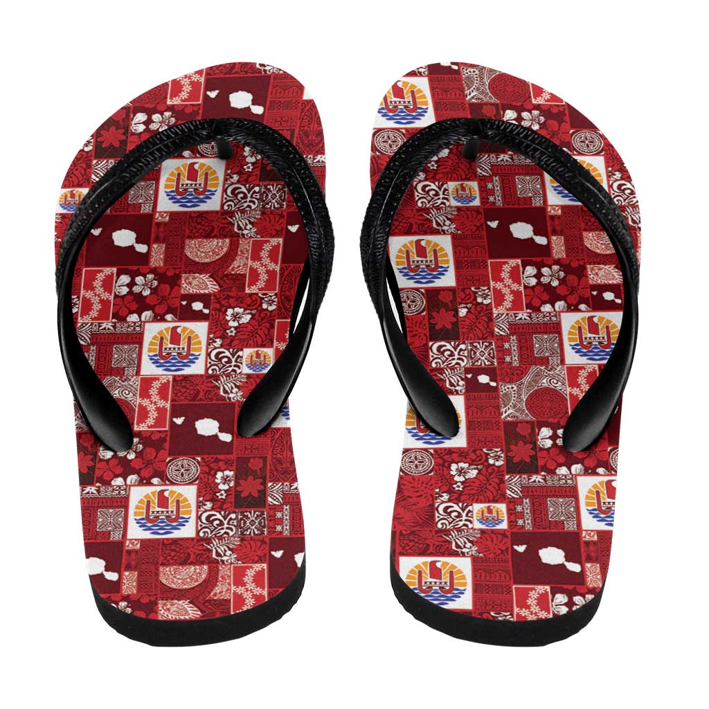 Tahiti Oaoa I Teie Noera Flip Flops Pacific Patchwork Xmas Vibes - Polynesian Pride