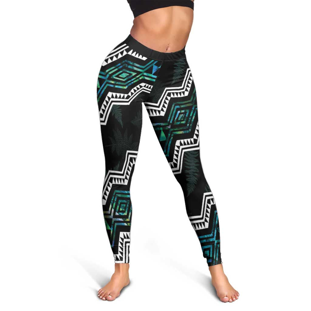 Taniko Aotearoa Mix Paua Shell Leggings Niho Taniwha Turquoise Glitter LT01 - Polynesian Pride