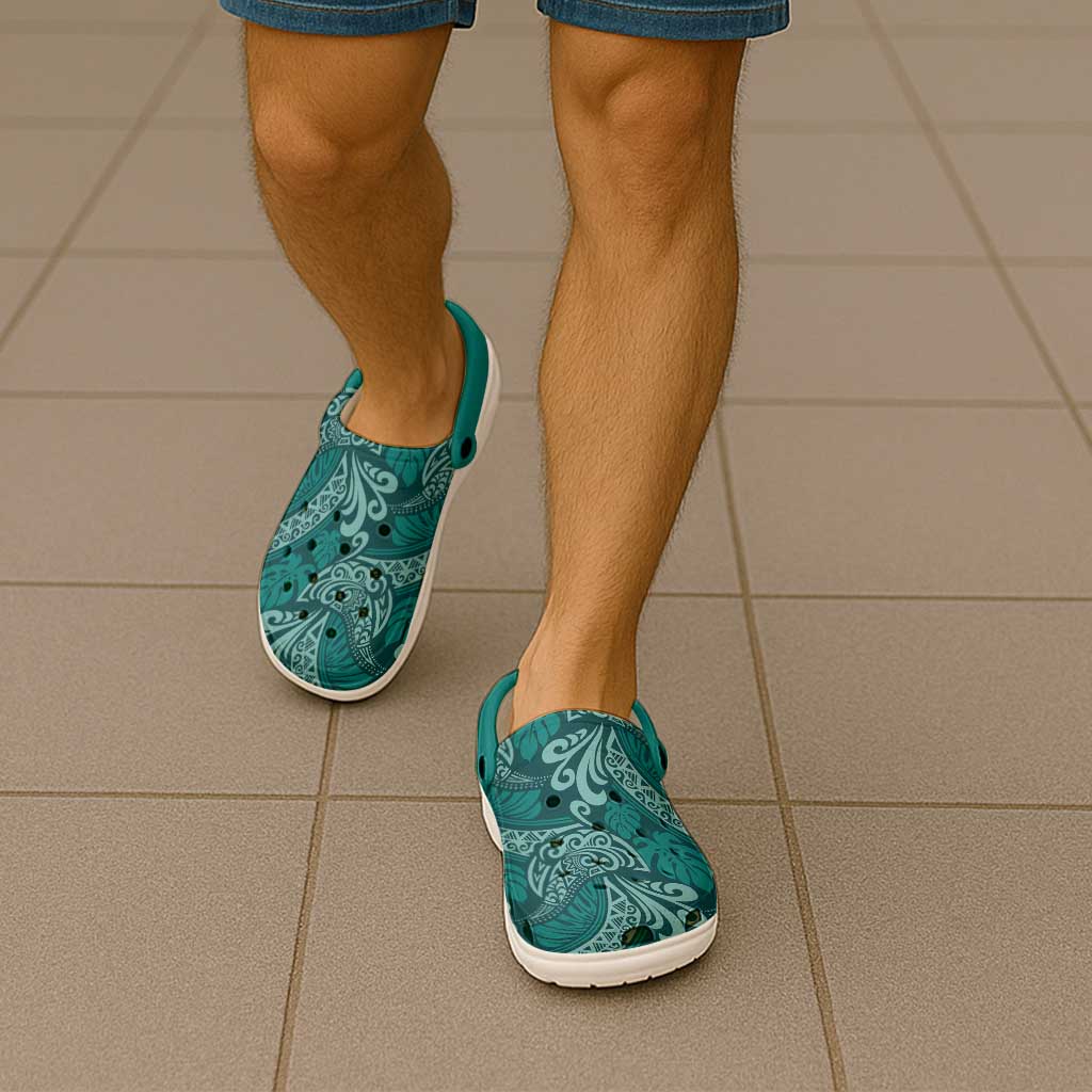 Teal Monstera Clogs Shoes Polynesian Tribal Pattern - Polynesian Pride