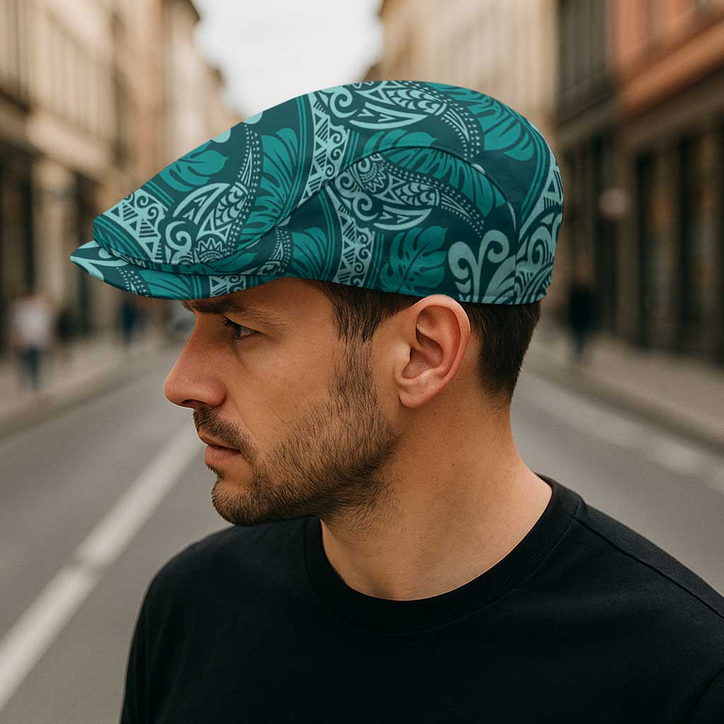 Teal Monstera Jeff Hat Polynesian Tribal Pattern - Polynesian Pride