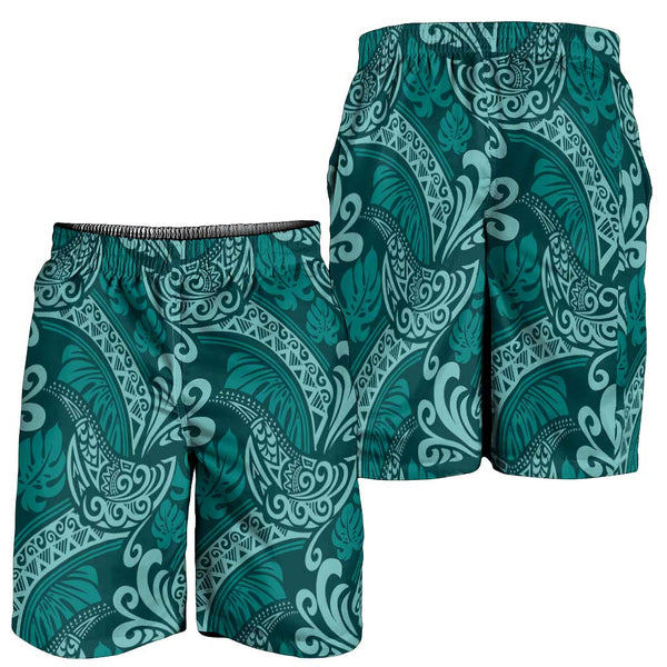 Teal Monstera Shorts for Men Polynesian Tribal Pattern