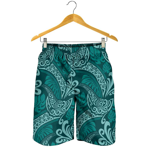 Teal Monstera Shorts for Men Polynesian Tribal Pattern