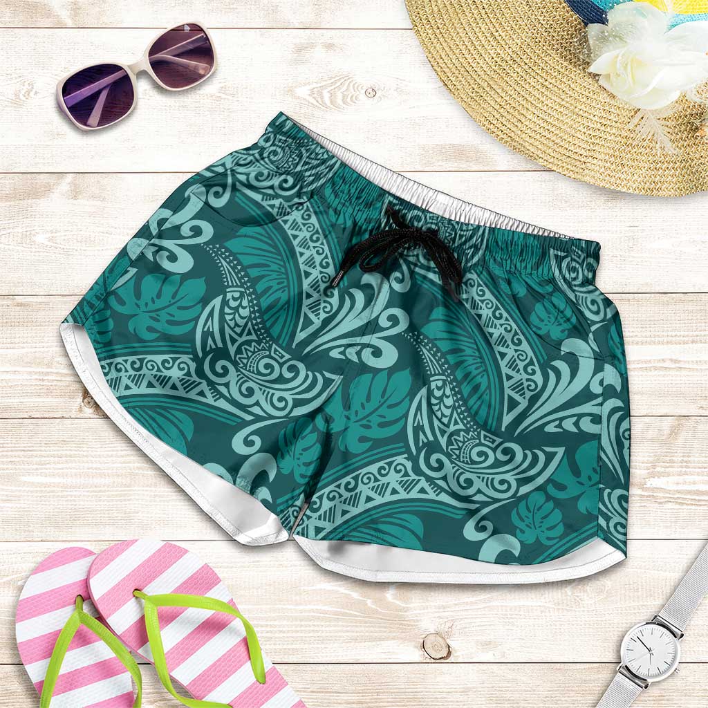 Teal Monstera Shorts for Women Polynesian Tribal Pattern - Polynesian Pride