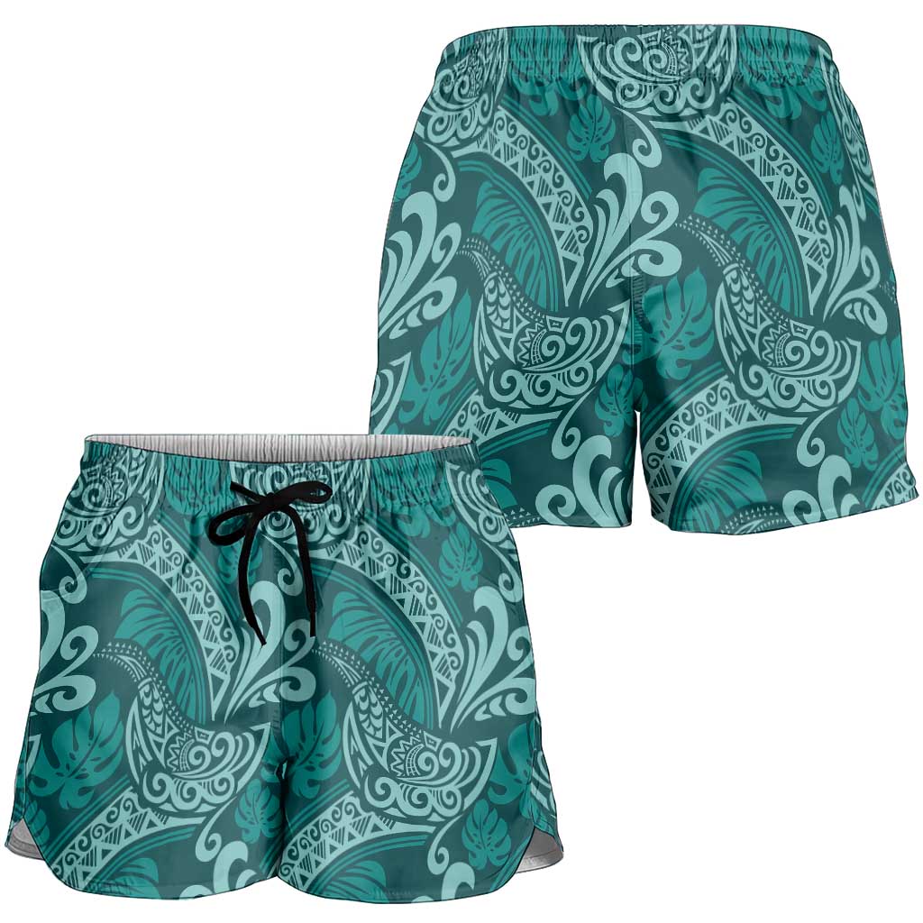 Teal Monstera Shorts for Women Polynesian Tribal Pattern - Polynesian Pride