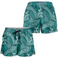 Teal Monstera Shorts for Women Polynesian Tribal Pattern - Polynesian Pride