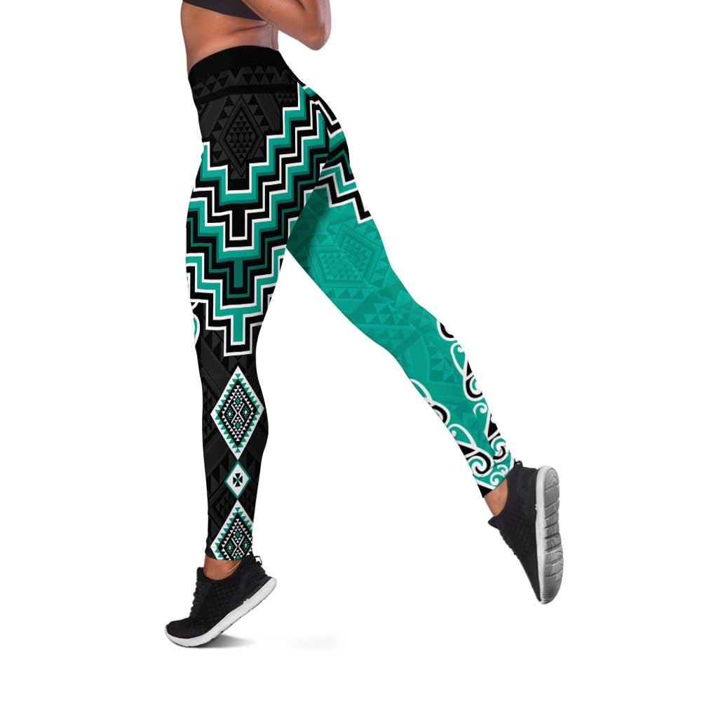 Teal Niho Taniwha Mix Poutama Leggings Unique Taniko Aotearoa - Polynesian Pride