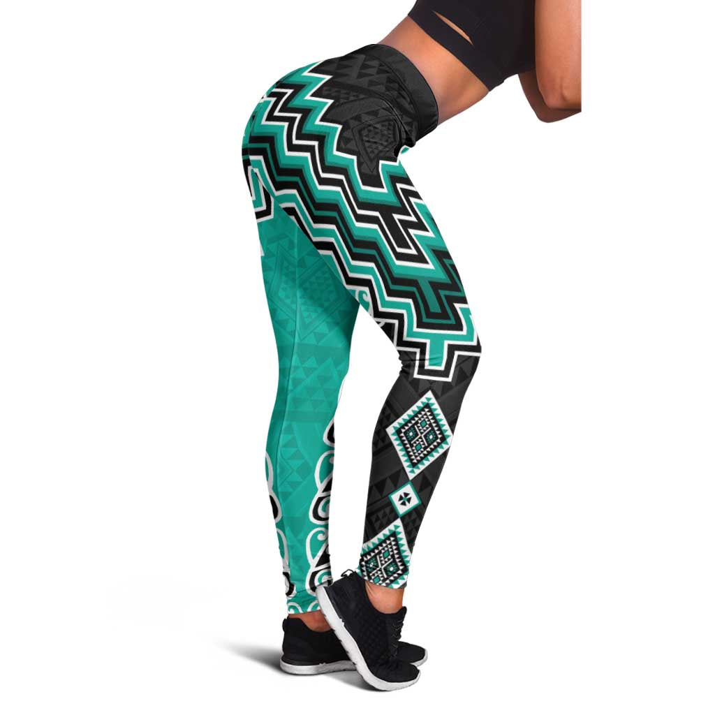 Teal Niho Taniwha Mix Poutama Leggings Unique Taniko Aotearoa - Polynesian Pride