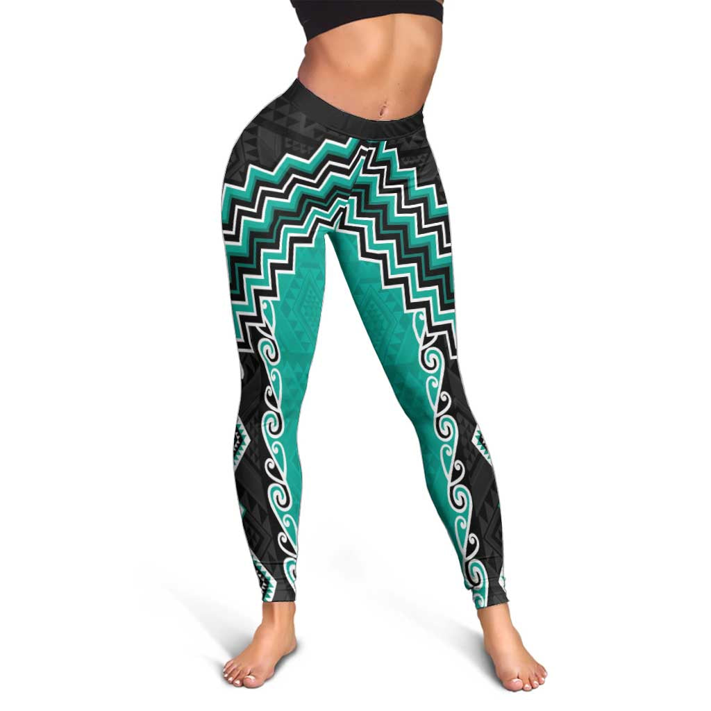 Teal Niho Taniwha Mix Poutama Leggings Unique Taniko Aotearoa - Polynesian Pride