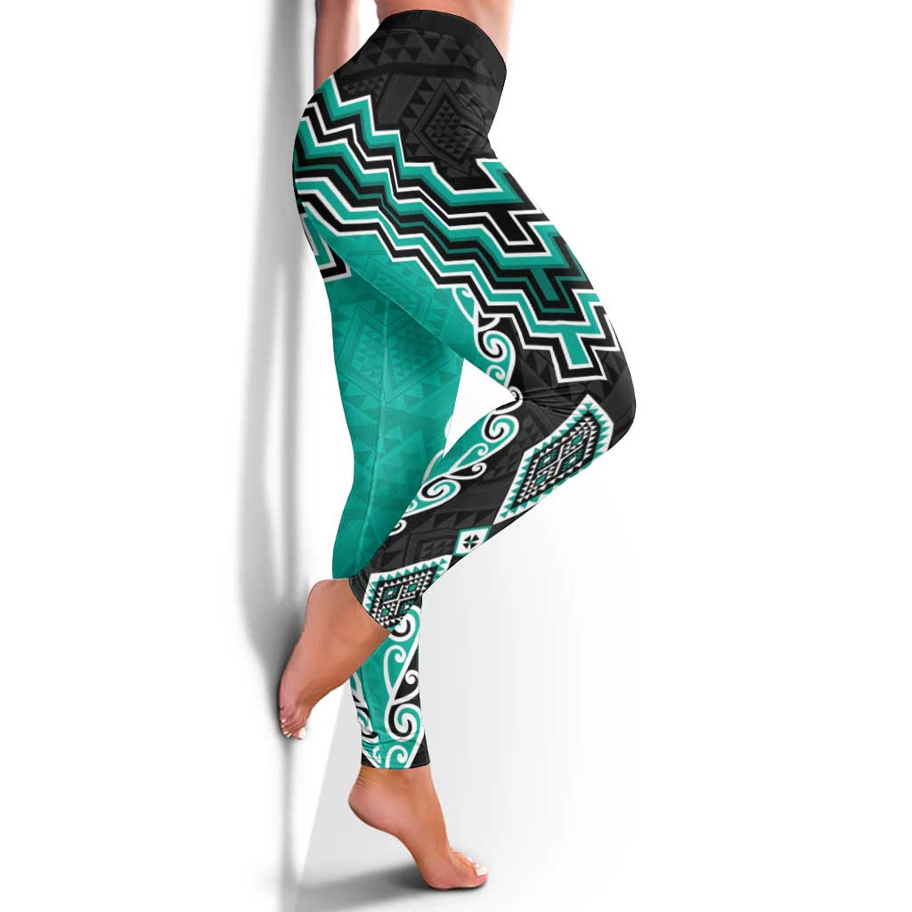 Teal Niho Taniwha Mix Poutama Leggings Unique Taniko Aotearoa - Polynesian Pride