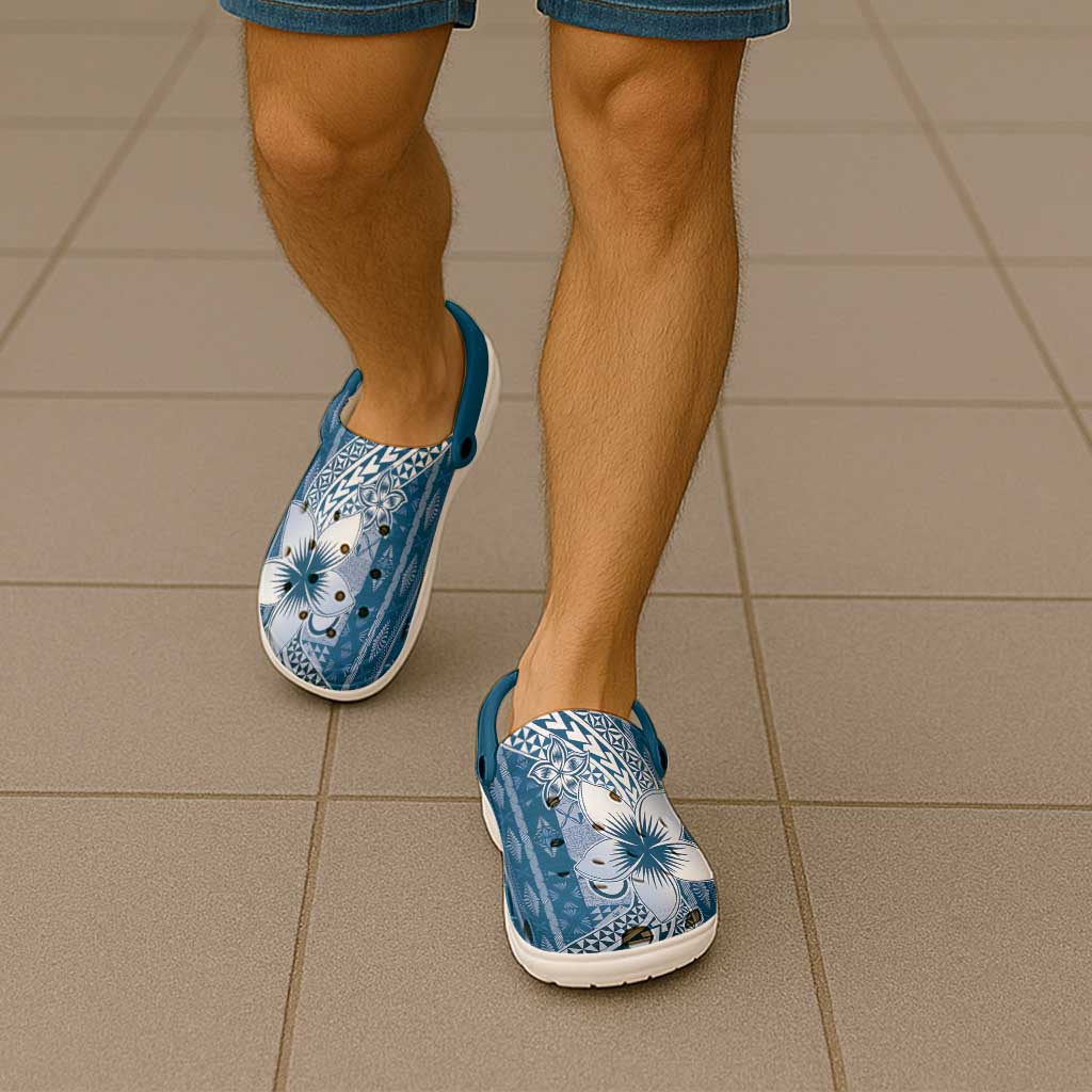 Tonga Kupesi Ngatu Clogs Shoes Vintage Blue Plumeria - Polynesian Pride