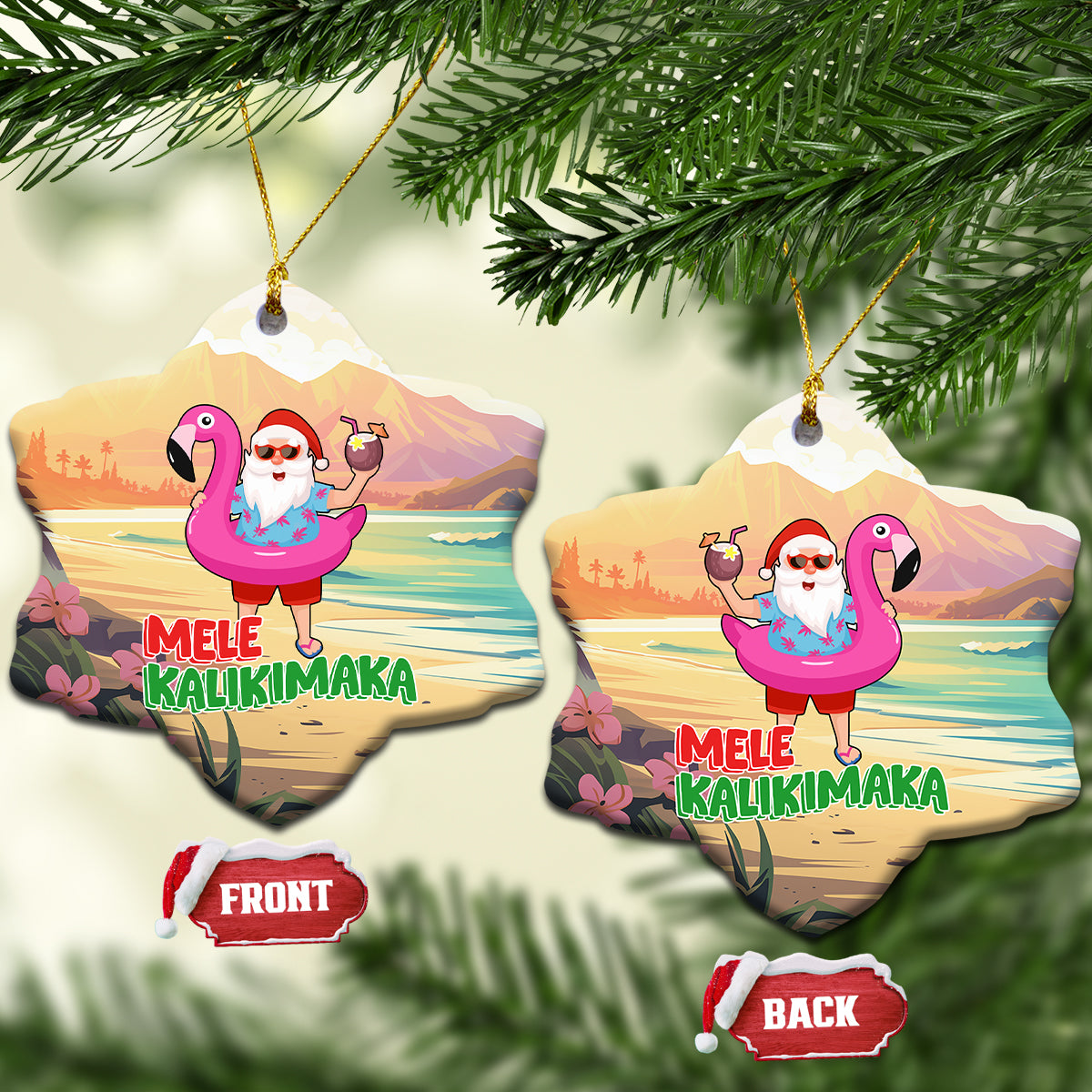 Hawaiian Christmas Ceramic Ornament Mele Kalikimaka Tropical Xmas in Hawaii Beach Santa TS02 Snow Flake Sand - Polynesian Pride
