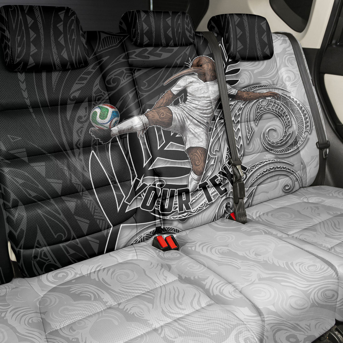 Personalized New Zealand Football Back Car Seat Cover Kiwi Mascot with Silver Fern - Maori Tribal Tattoo Art