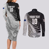 Personalized New Zealand Football Couples Matching Long Sleeve Bodycon Dress and Long Sleeve Button Shirt Kiwi Mascot with Silver Fern - Maori Tribal Tattoo Art