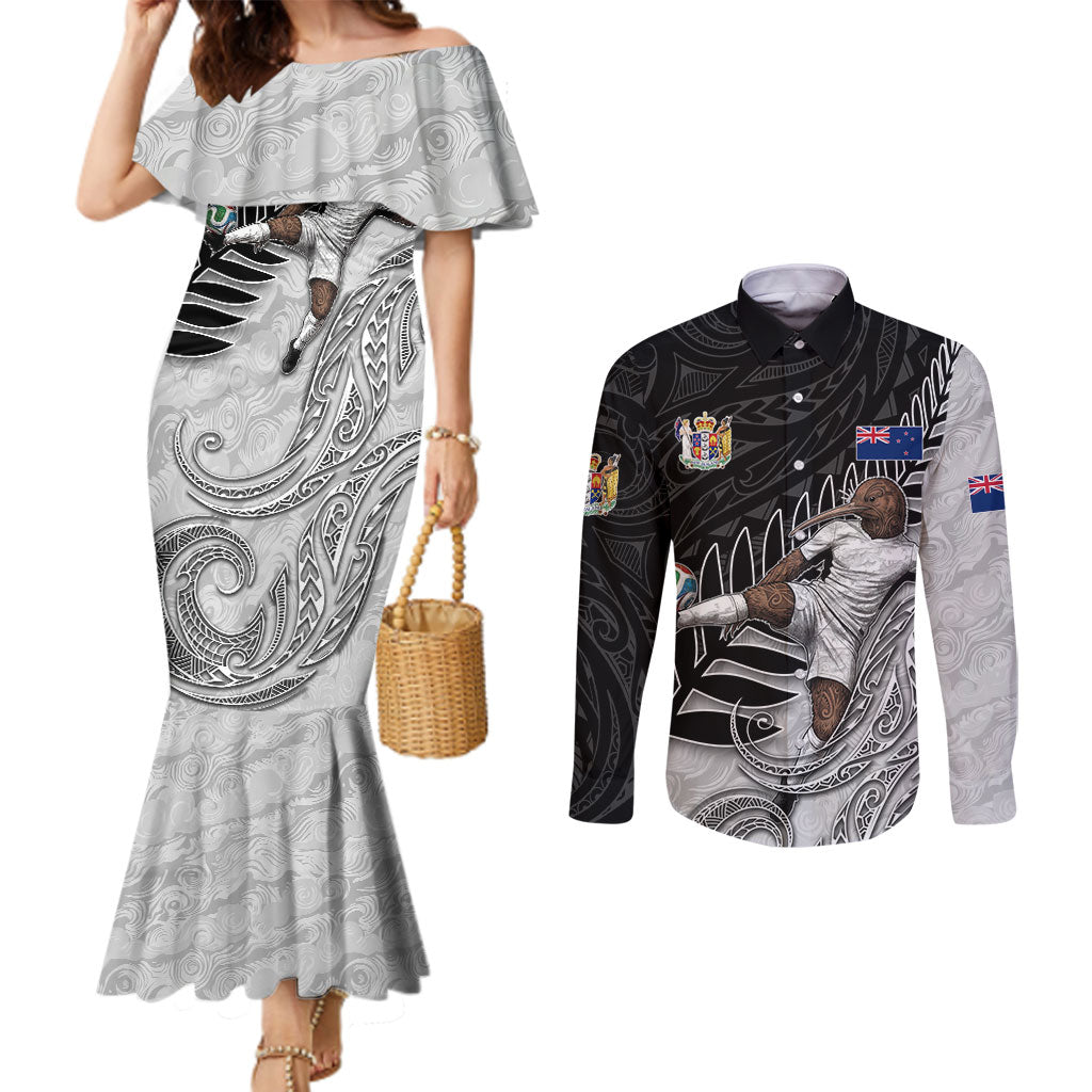 Personalized New Zealand Football Couples Matching Mermaid Dress and Long Sleeve Button Shirt Kiwi Mascot with Silver Fern - Maori Tribal Tattoo Art