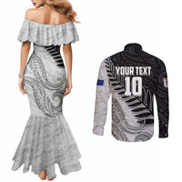 Personalized New Zealand Football Couples Matching Mermaid Dress and Long Sleeve Button Shirt Kiwi Mascot with Silver Fern - Maori Tribal Tattoo Art